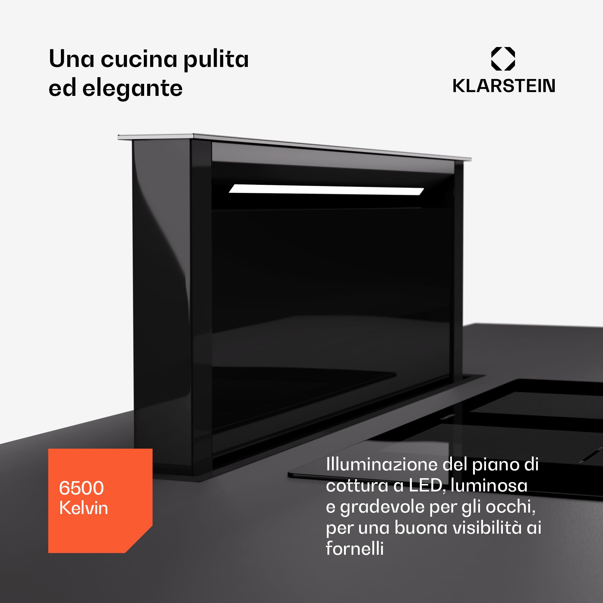 Klarstein Cappa Aspirante Downdraft 75 cm, 2 in 1, Flusso d'Aria 576 m³/h, Controllo Touch, 3 Velocità, Luci LED, Timer, Design Moderno per Cucina, Alta Efficienza e Silenziosa