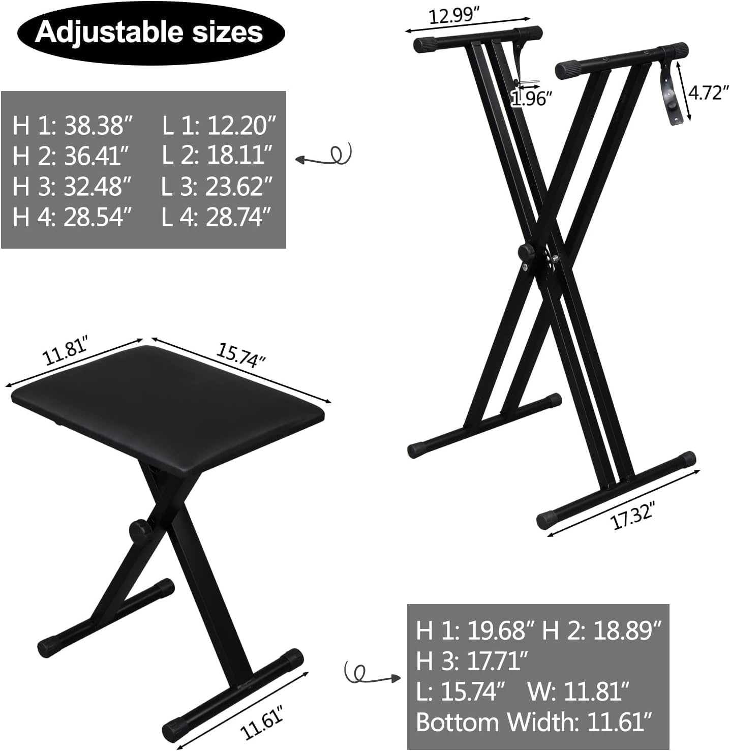 Double X Keyboard Stand and Bench Set, Heavy-Duty Adjustable Height Digital Piano Keyboard Stand with Locking Straps(Black)
