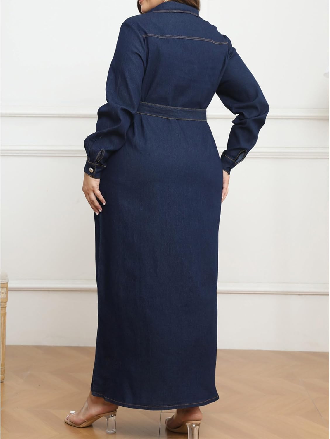 Sexyshine Women's Long Sleeve Full Button Closure Denim Dress Lapel V Neck A Line Plus Size Fall Jeans Maxi Dresses