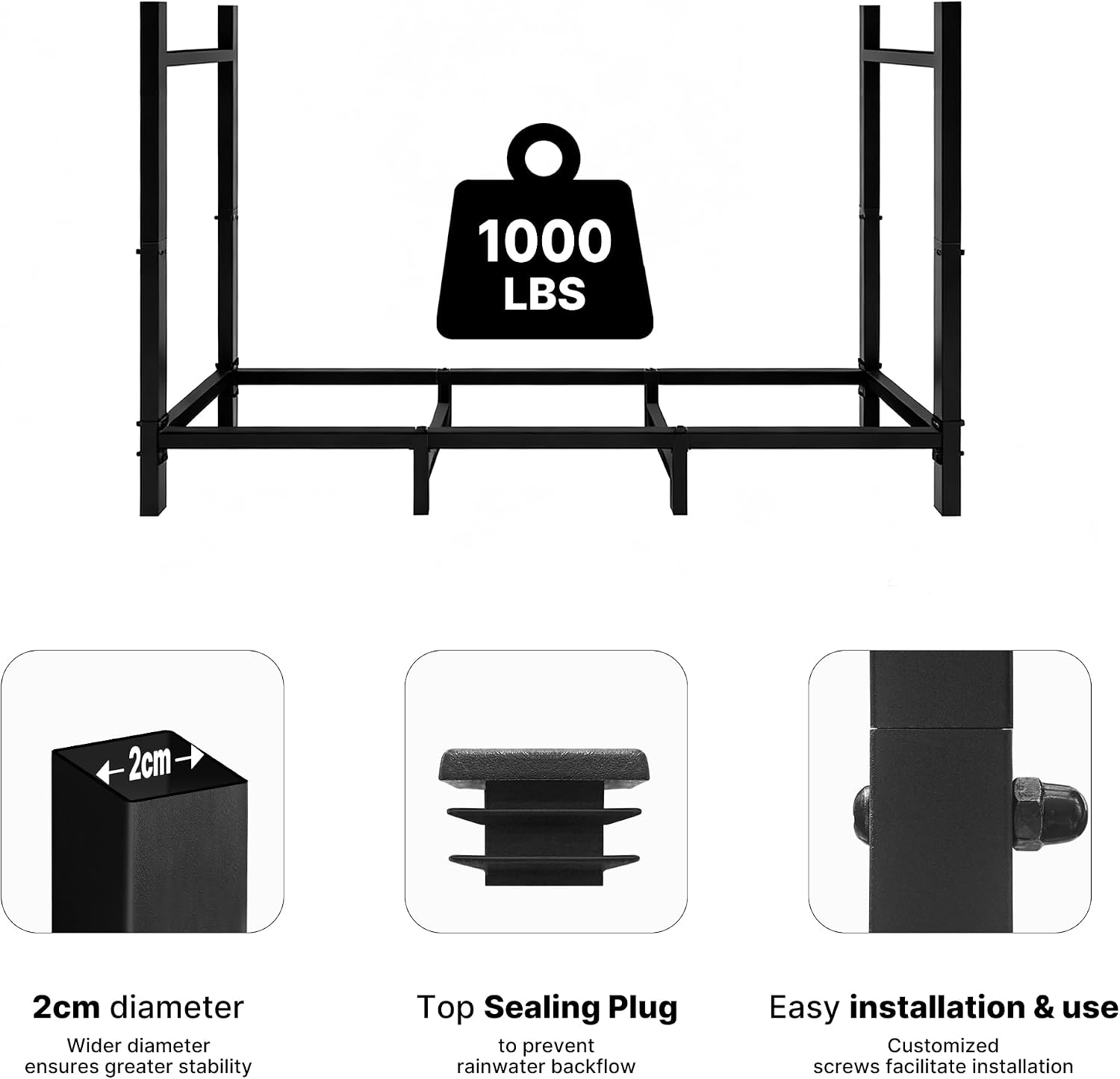 ARIFARO 4ft Firewood Rack with Cover, Adjustable Outdoor Indoor Log Holder Steel Heavy Duty Wood Rack,for Firewood Storage Wood Stacker, Rustproof, Easy Assembly, Black