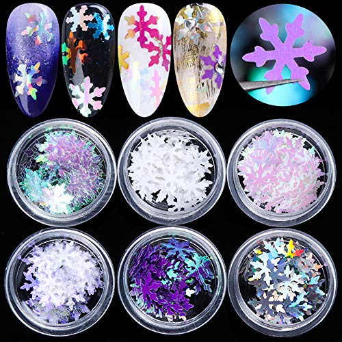Snowflake Glitter Nail Sequins Christmas Nail Art Stickers 3D Snowflakes Nail Glitters Flakes Holographic Laser Sparkly Christmas Nail Decals Confetti Sheets Tips for Nail Art Decoration (6 Boxes)