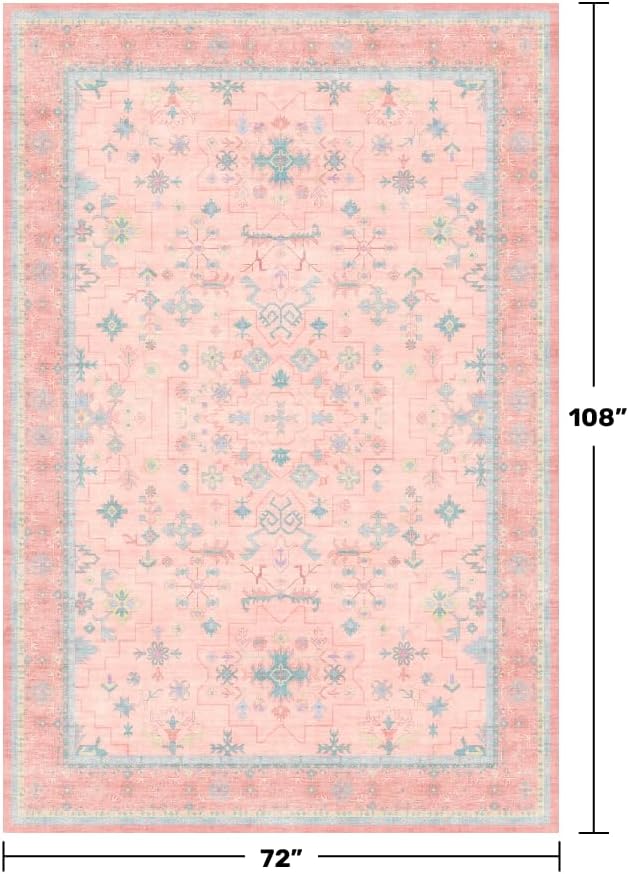 Washable Pink and Blue 6x9 Oushak Rugs for Bedroom Girls, Living Room Kids Playroom Nursery Room, Modern Floral Distressed Design, Soft Faux Wool Low Pile Non Slip Stain Resistance Carpet - Image 2