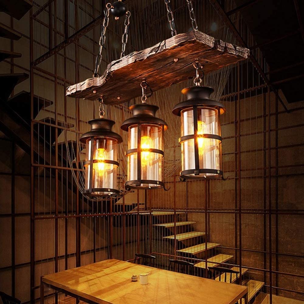 Industrial Vintage Hanging Lamp Boat Wood Height Adjustable E27 Pendant Light with Glass Lampshade Lamp Lighting