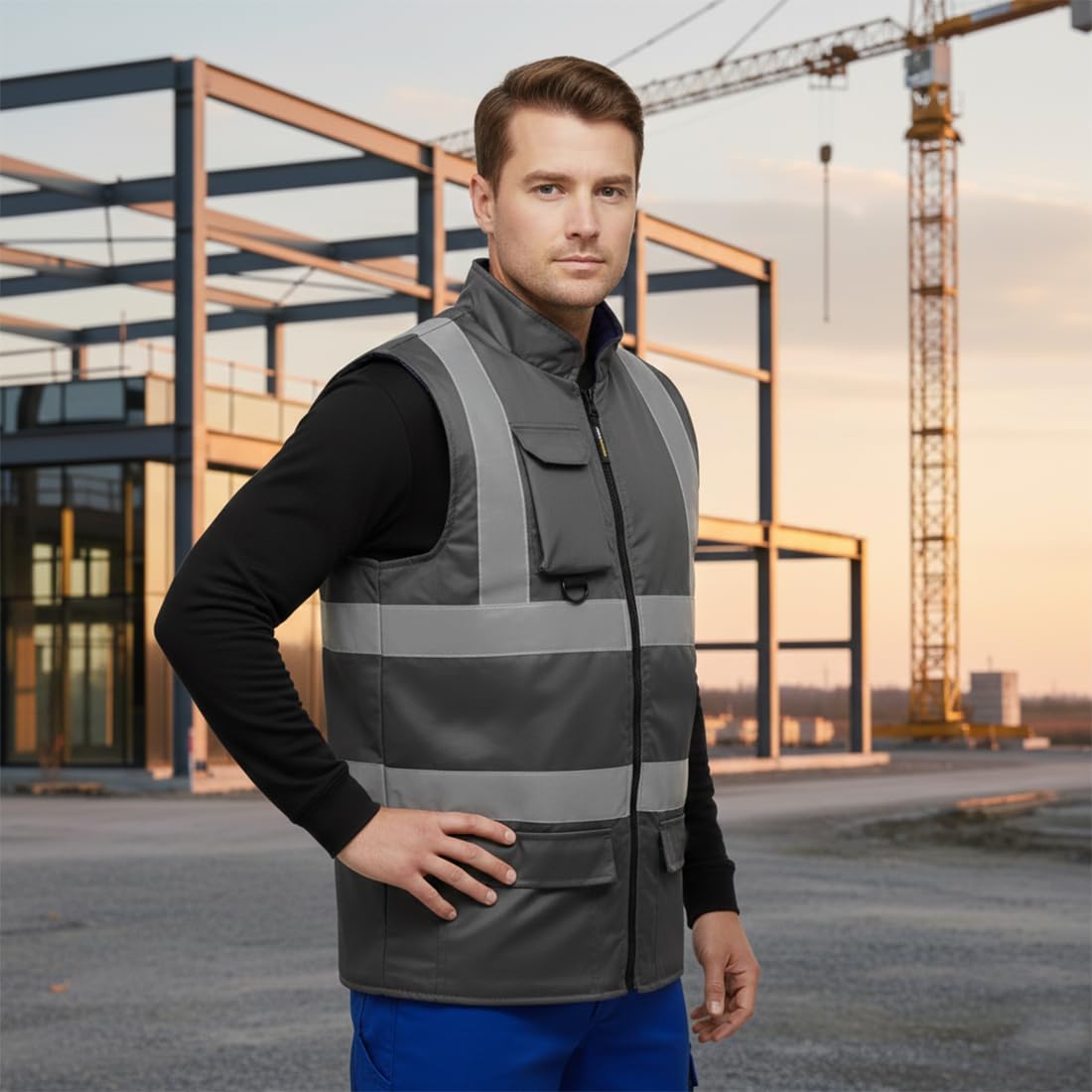 FASHIONISM Ärmellose Warnweste für Herren, Unisex, Fleecefutter, wendbar, hohe Sichtbarkeit, reflektierende Weste, strapazierfähig