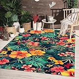 Tropical Orange Pink Green Florals Leaves Print Pattern Outdoor 5x7 Rug for Deck Porch Patio Balcony Waterproof Washable Outside Area Rugs in Camping Backyard Garden Visual Vibrant Modern Carpet