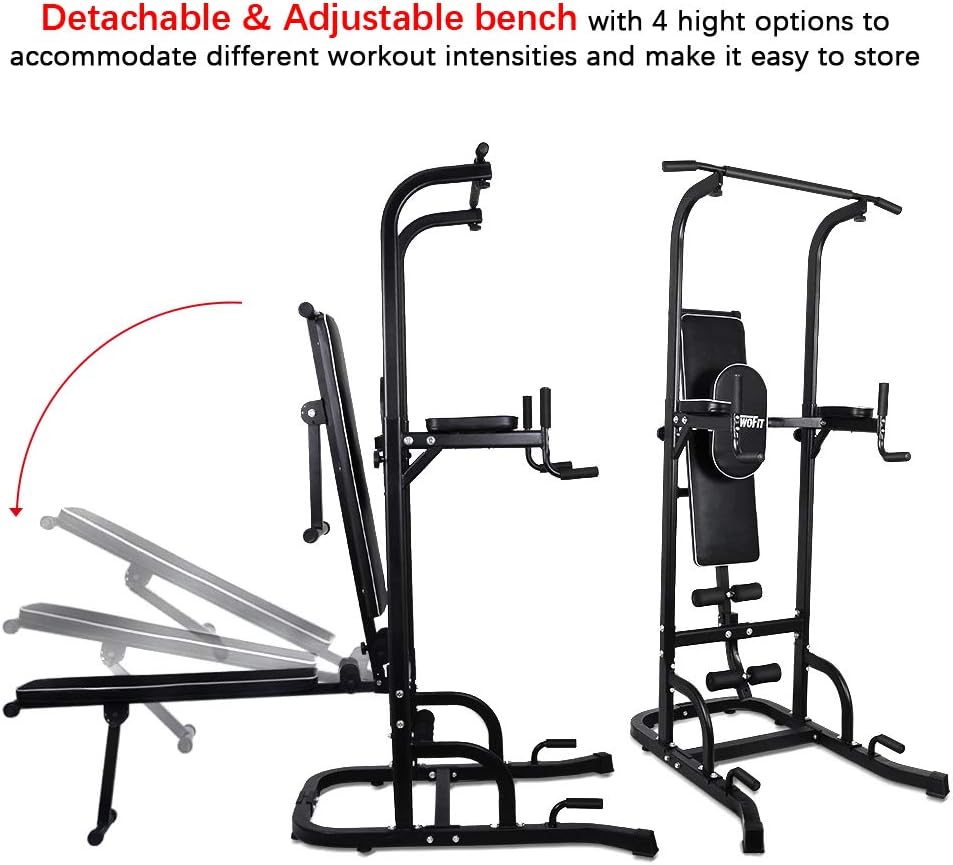 Image demonstrating the detachable and adjustable bench of the ONETWOFIT Power Tower, showing its 4 height options and how it can be folded for storage.
