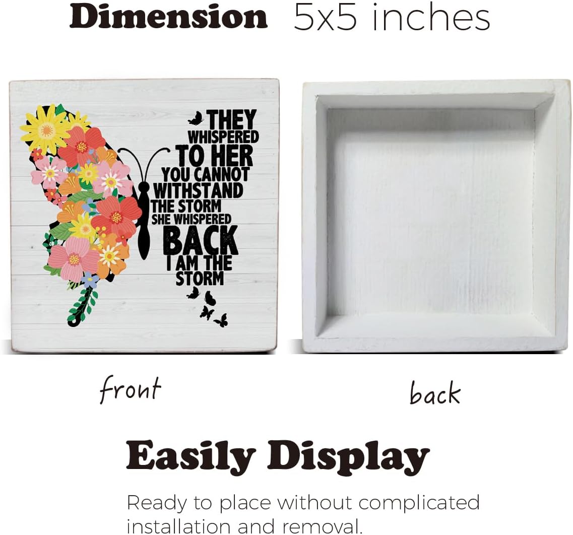 Inspirational Women Quote I am the Storm Wooden Box Sign Floral Butterfly Desk Decorative Wooden Sign Home Office Decor for Desk Table Shelf 5 x 5 Inches - Image 2