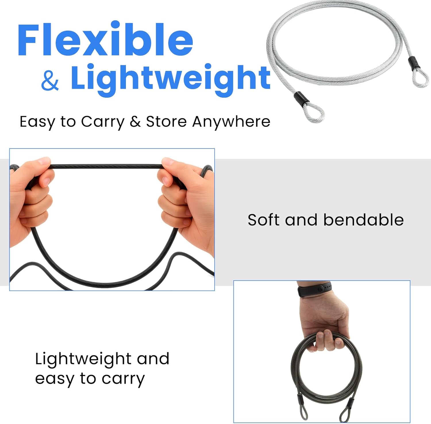 4FT 5mm Outdoor Travel Security Cable Lock, Braided Steel Vinyl Coated Safety Wire Rope Double Loop, Anti-Theft Steel Cable for Luggage, Gate, Fence, Bike & Outdoor Storage (Black + Clear)