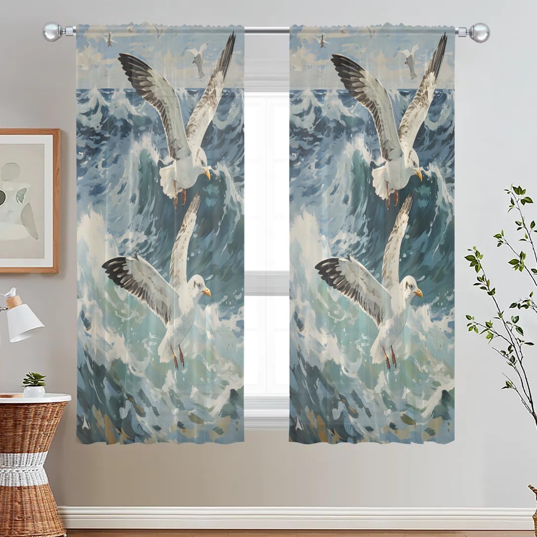 Flying Seagulls Sheer Curtains 63 inch Long 2 Panels Set Home Decoration Rod Pocket Voile Short Sheer Drapes Window Curtain for Bedroom Living Room, W52 x L63
