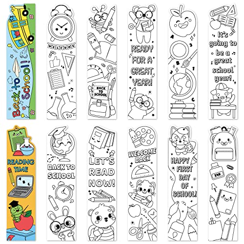 3sscha 72Pcs Back to School Color Your Own Bookmarks for Kids - DIY Coloring Blank Bookmark Including Schoolbag Alarm Clock Books Ruler Painting Paper Class Party Supplies Goodie Bag Fillers