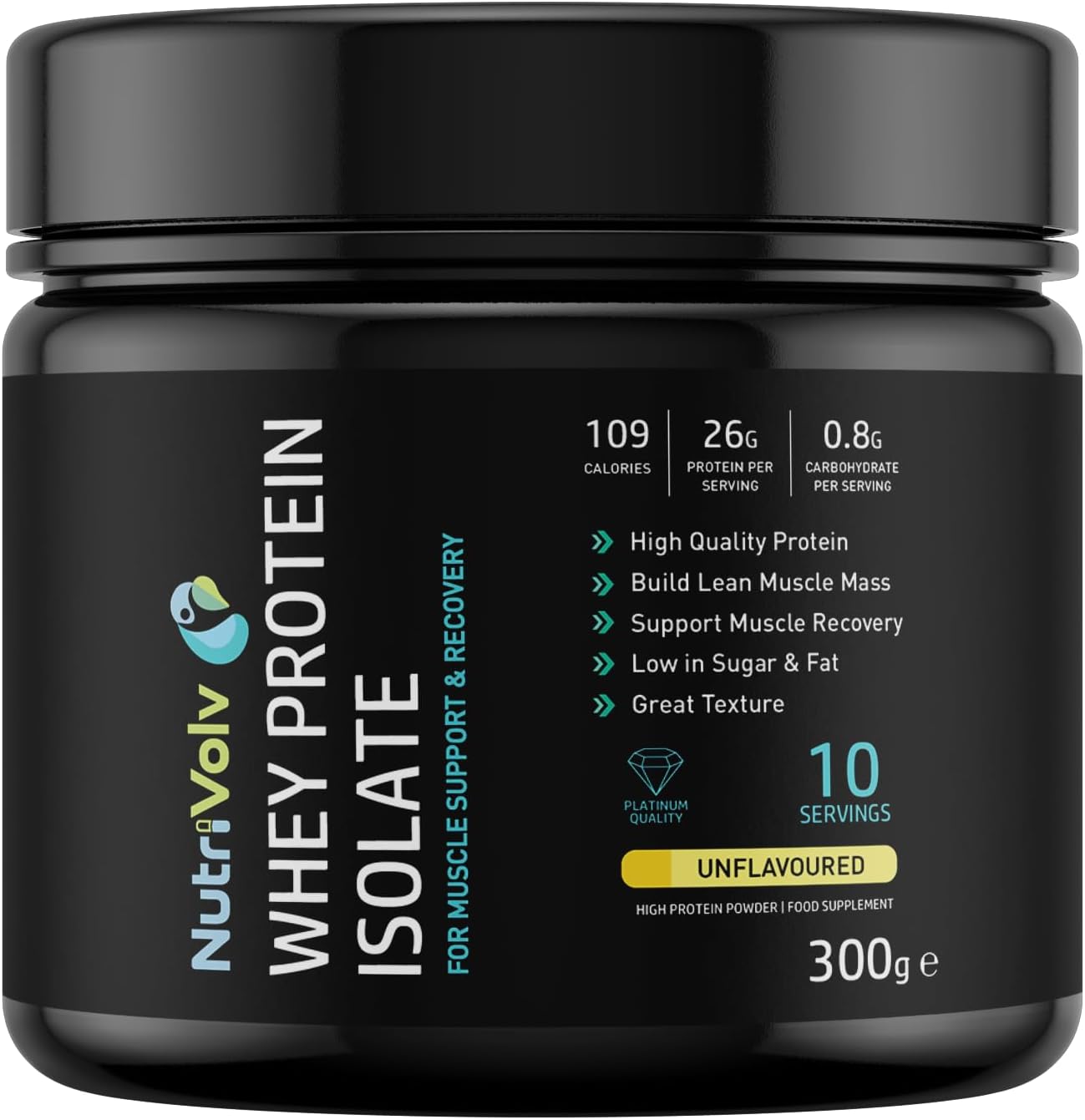 NutriVolv Whey Protein Isolate Powder | Unflavoured 300g | 10 Servings | Build Lean Muscle Mass | Supports Muscle Recovery | BCAA Amino Acids