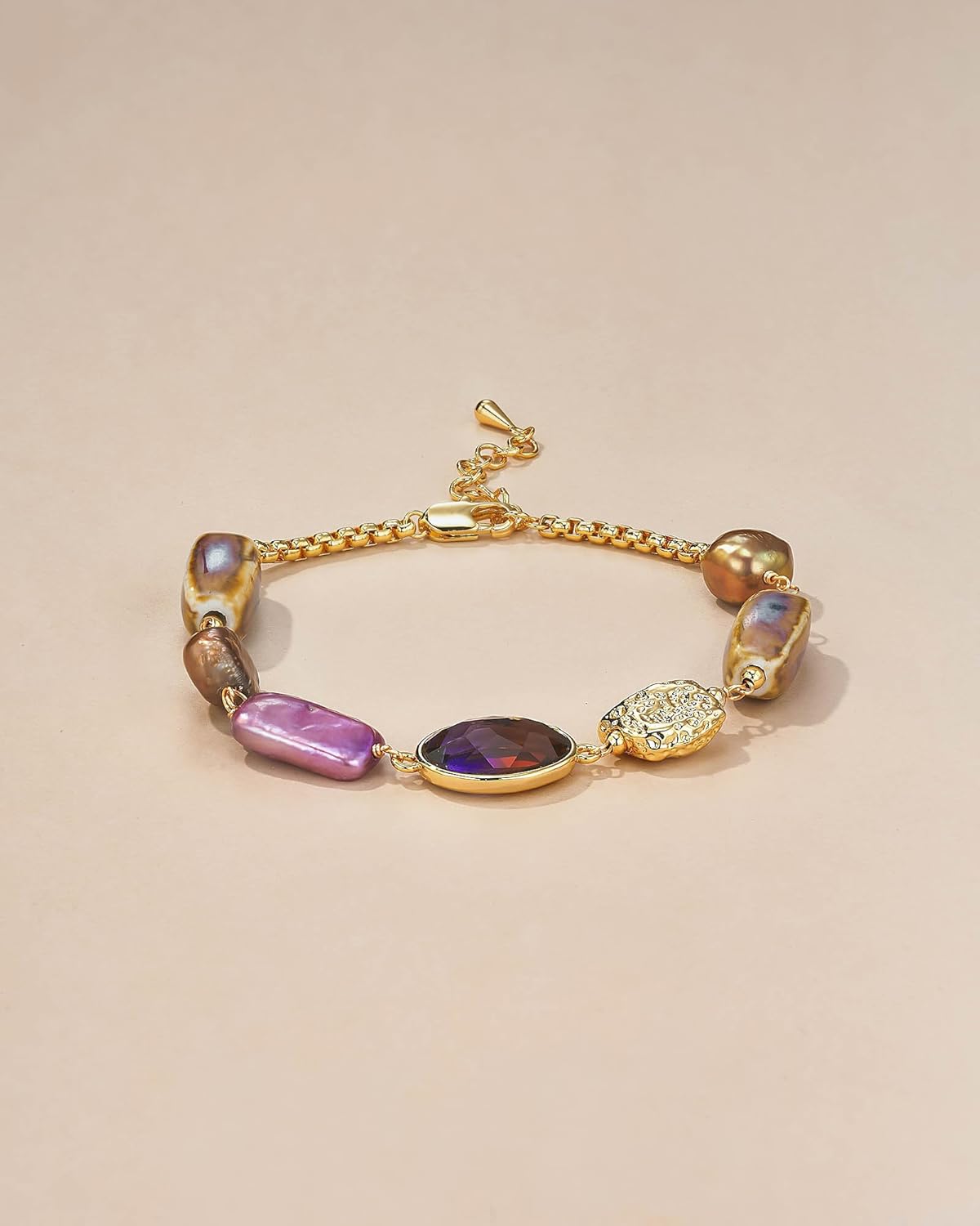 Gold Purple Golden Colorful CZ Cultured Baroque Silk Mother of Pearl Natural Gemstone Statement FULLY ADJUSTABLE Dangle Charms Tennis Bracelet for Women by SNGIA, Stackable Handmade Trendy Multicolor Crystal Jewelry Gifts, Beachy Summer Beaded Healing Protection Vacation Fashion Bracelet Accessories, Delicate Vintage Link Bohemian Nickle Free Station Bangle. - Image 5