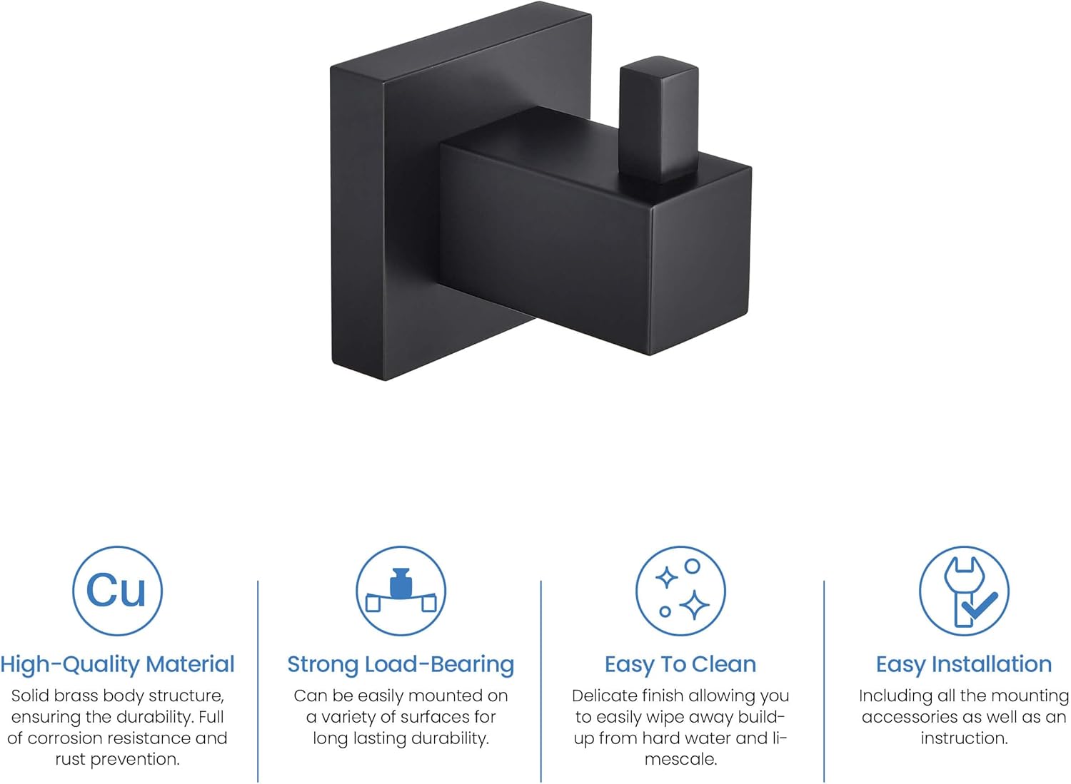 KIBI Cube Bathroom Towel Hook | 3-Pack Wall Mounted Robe Hooks | 2-inch Solid Brass Wall Hooks for Towels, Robes, and Accessories | Rust-Resistant Matte Black Finish (KBA1501)