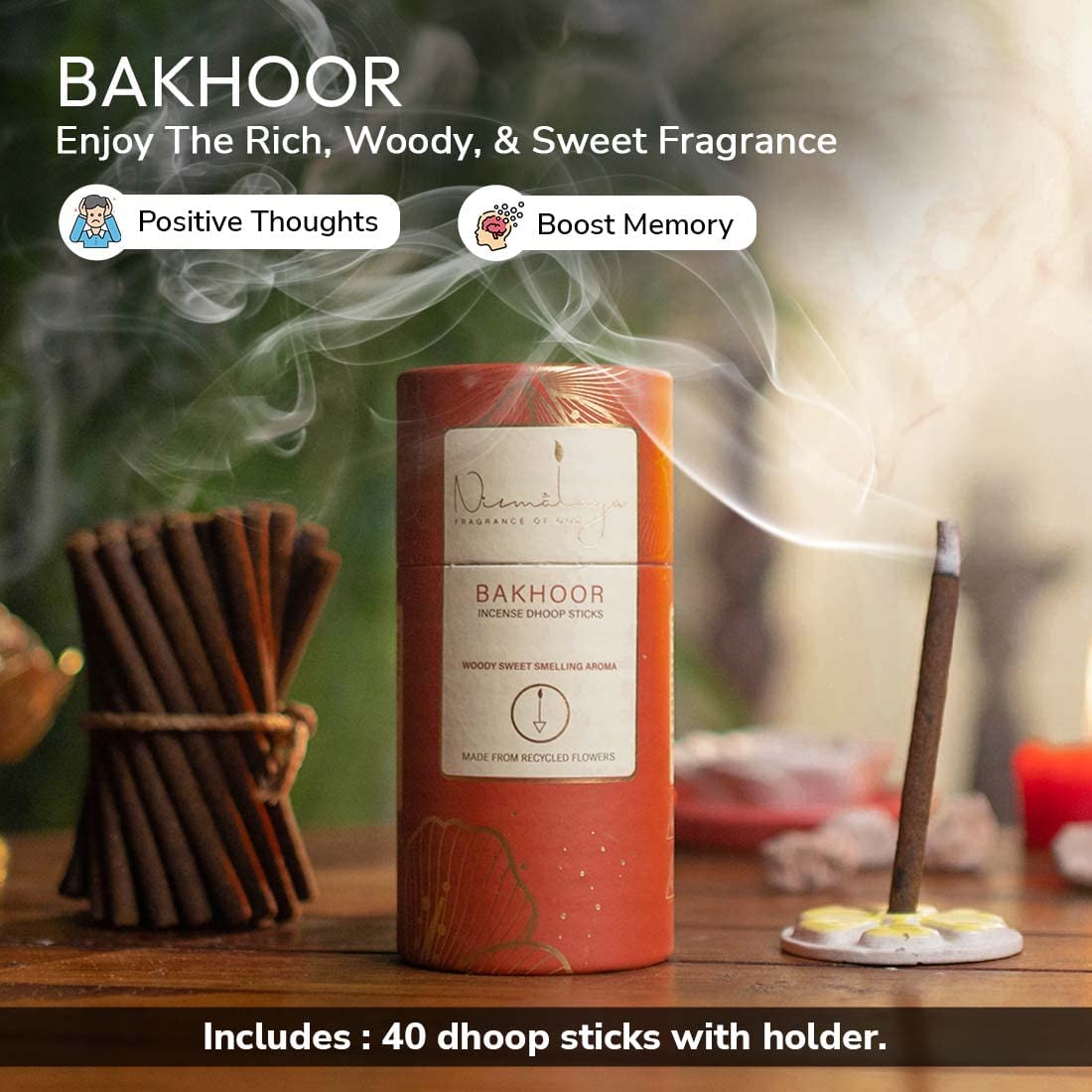 Nirmalaya Premium Rooh Rose, Zen, Sandalwood, Bakhoor Bambooless Dhoop Sticks (160 Sticks) with Ceramic Stand | Pack of 4 | 100% Charcoal-Free | for Pooja, Meditation, Yoga & Home Fragrance 1