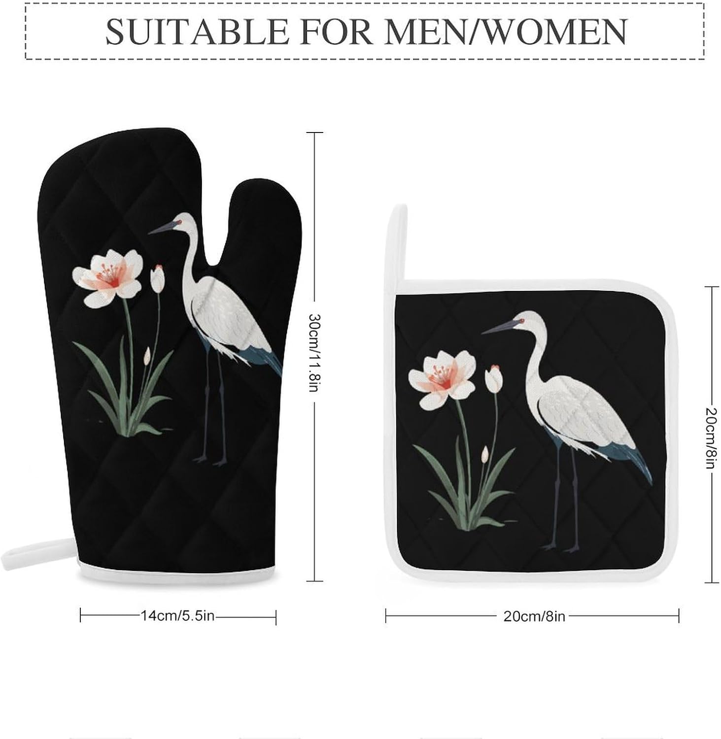 Red-Crowned Crane 4 Pcs Oven Mitts and Pot Holders Set High Heat Resistant Long Kitchen Oven Glove Potholders