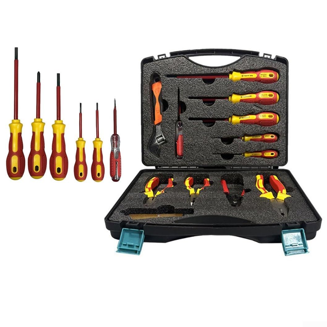 Set Utensili Elettricisti 12 Isolati con Valigetta, Pinze e Cacciaviti in per acciaio per Riparazioni Domestiche e per fai da Te, Custodia per portatile 330x270mm