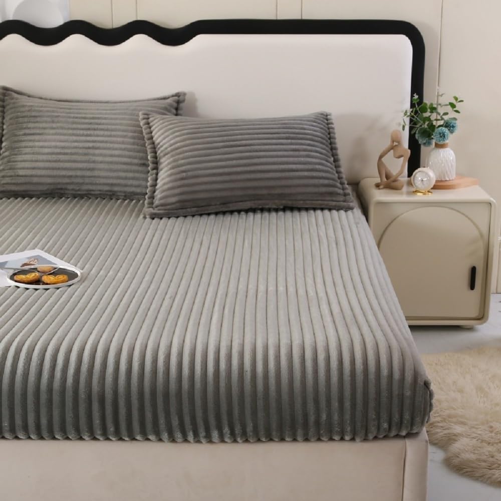 Lujosa sábana bajera de franela gris de 180 x 200 cm, ropa de cama de felpa suave para invierno, funda de colchón cálida y acogedora solución para dormir, se adapta a colchones de hasta 25 cm de