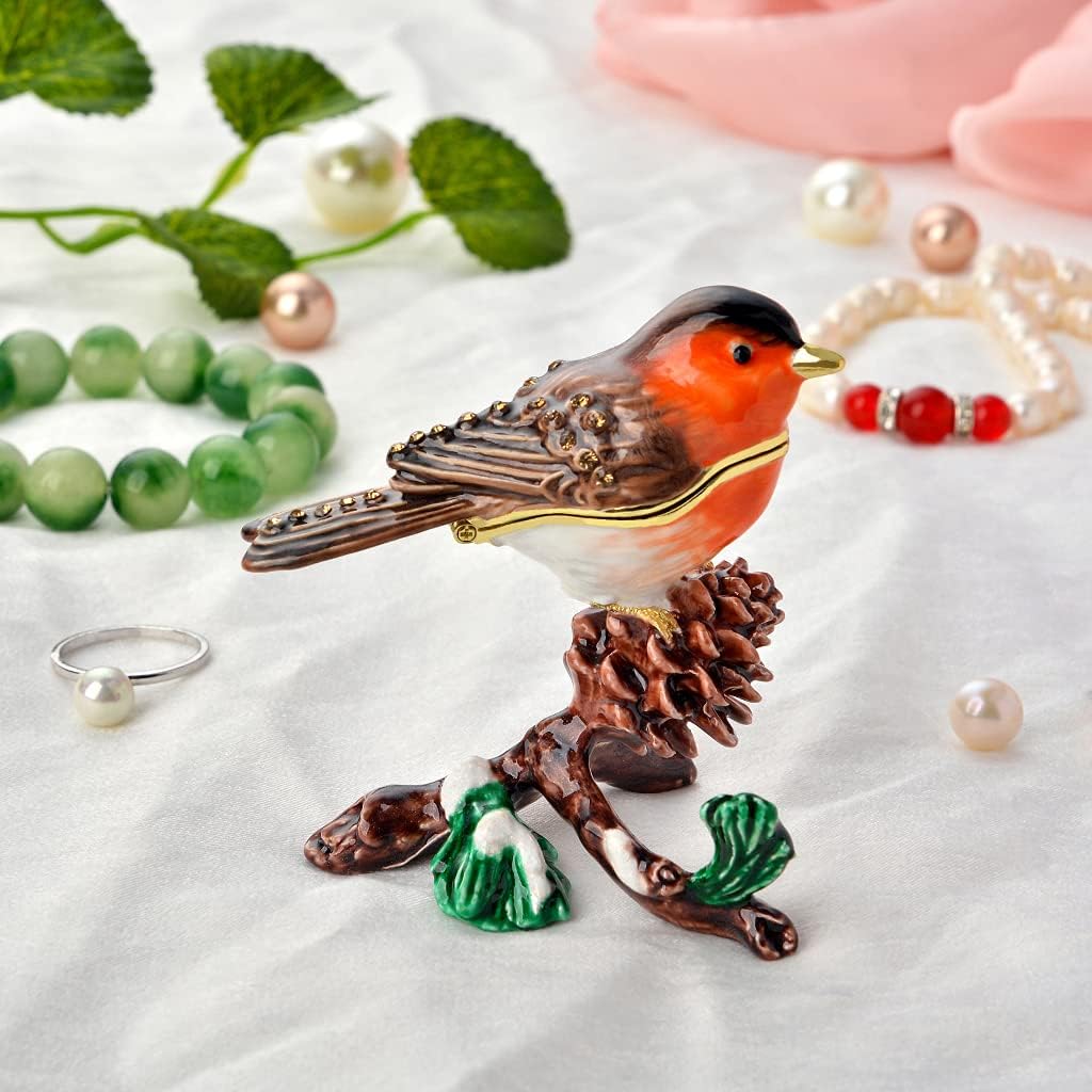 Golden Crystal Enameled Robin Jewelry Box, Hand-Painted Hinged European Robin Trinket Box, Elegant Home Décor & Unique Gift for Bird Lovers