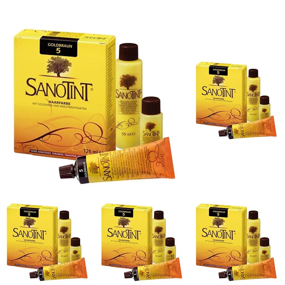 Sanotint - Haarfarbe Classic Nr. 05 „Goldbraun“ - 1x 125 ml - Naturnahe dauerhafte Haarfarbe mit Goldhirse und wertvollen pflanzlichen Extrakten – 100% Grauabdeckung – vegan - 125 ml (Packung mit 5)