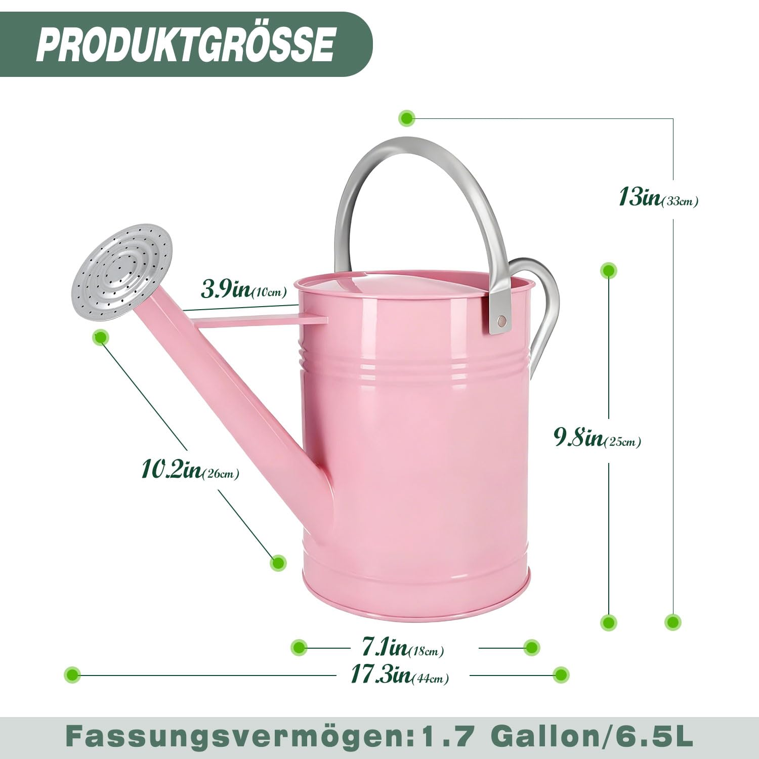 6,5 l różowa ocynkowana stalowa konewka - odporny na rdzę metalowy garnek do podlewania ze zdejmowaną wylewką, regulowany górny uchwyt do roślin zewnętrznych, wnętrz, ogrodu, trawnika i kwiatów