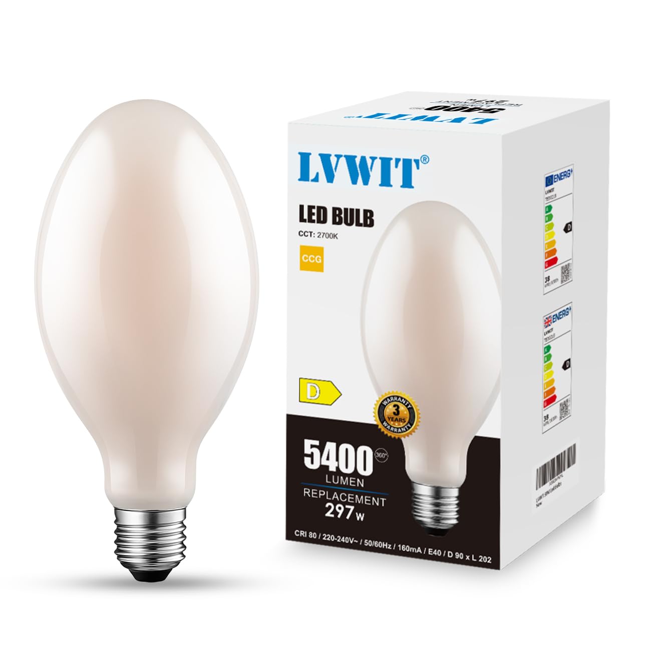 LVWIT Ampoule LED 38W, Ampoule Filament ED90 E40 Vintage Bougie, Blanc Chaud 2700K, Incandescence Equivalentes 125W, 5400LM, Convient aux Hangars, Entrepôts, Gymnases