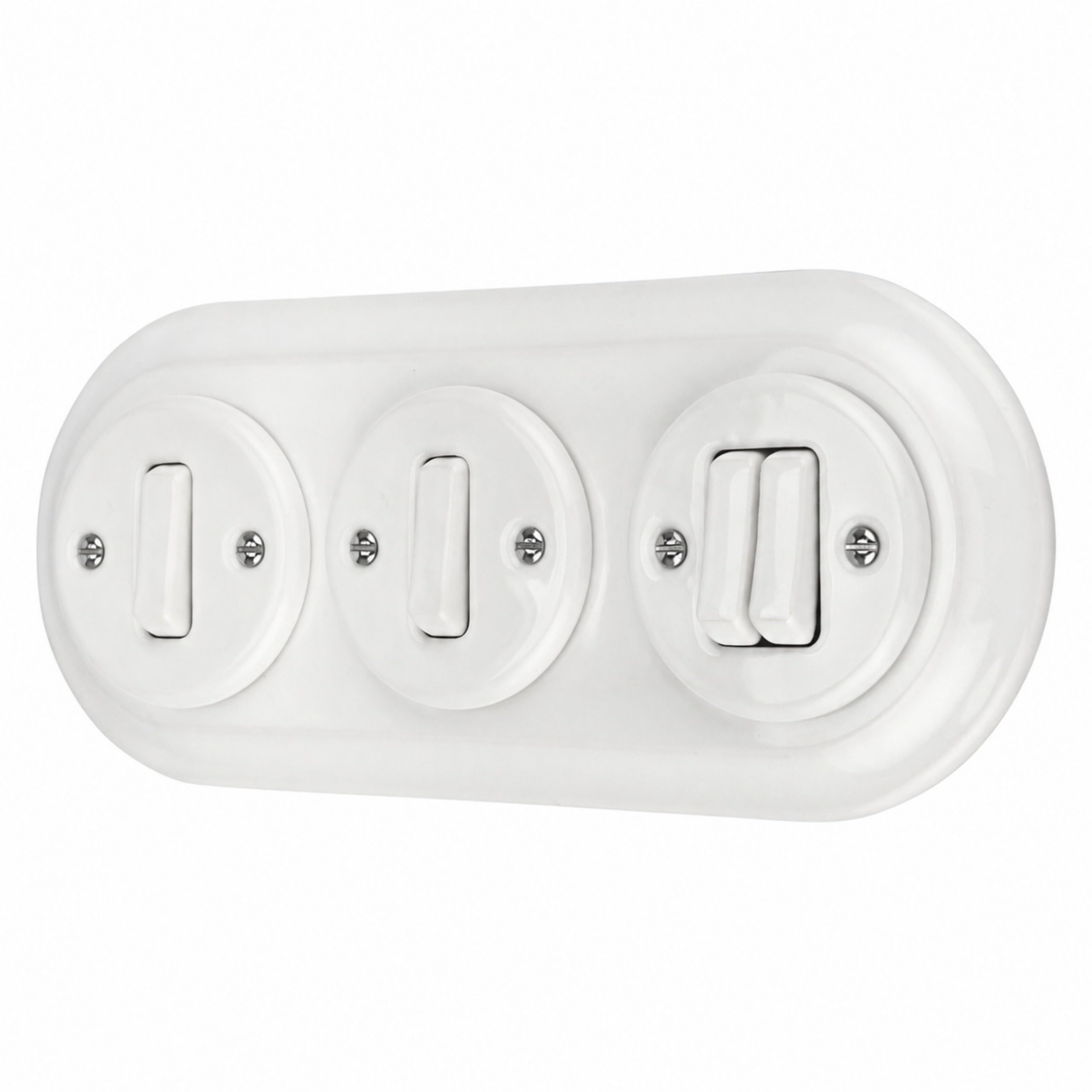 Interrupteur rétro encastré en porcelaine - Double interrupteur - 3 prises - All-in-One - Série PR1 - Blanc