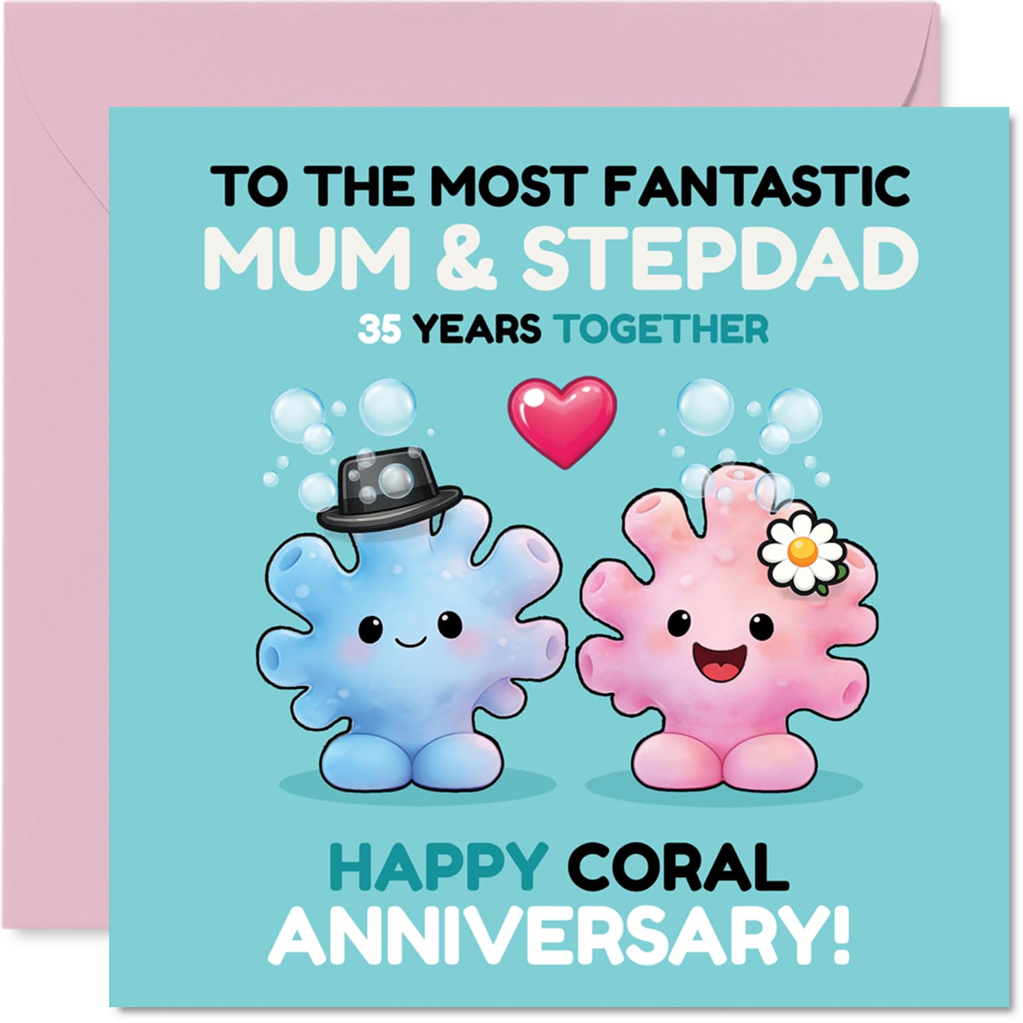Cute 35th Anniversary Card for Stepdad & Mum - Celebrate 35 Amazing Years - Adorable Coral Characters with Cheerful Blue and Pink Design - 145mm Square, Envelope Included
