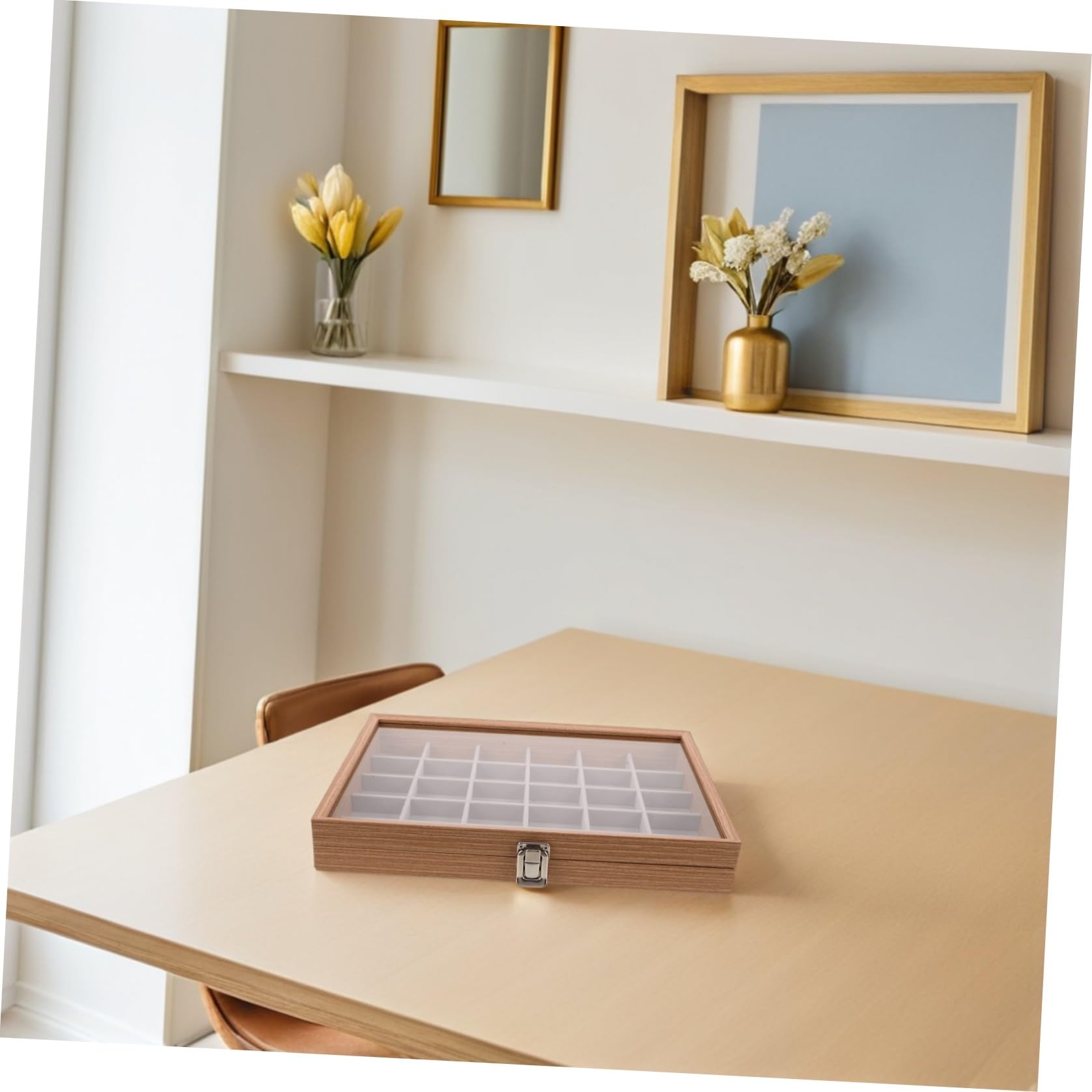 PACKOVE Ausstellungsbox für Gesteine und Mineralien 30 fächer Beige mit Transparentem Deckel Leicht und Tragbar Unterteilte Aufbewahrungsbox für Steinsammler Mineralienausstellungen
