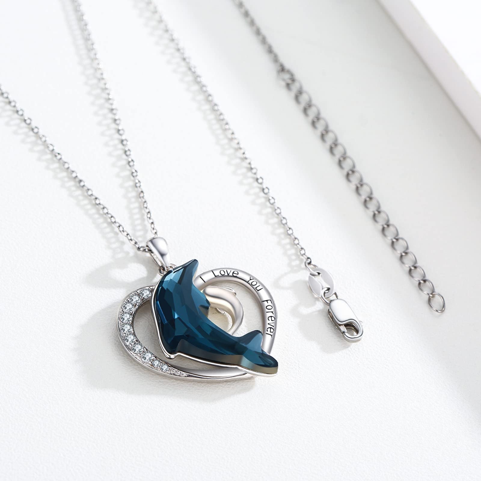 REDSUN Collar de plata de ley 925 con diseño de delfín en forma de corazón para mujer, collar de cristal azul con circonita, elegante colgante de regalo para mujeres, niñas, esposas, regalo para el
