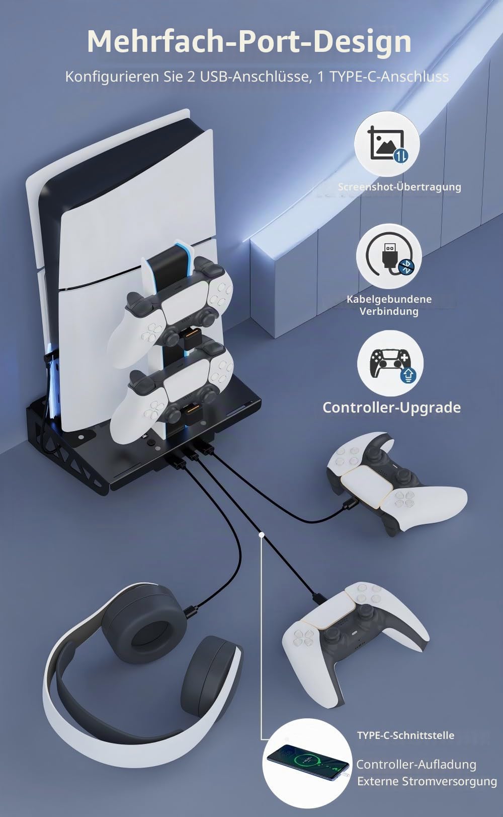 Wandhalterung für PS5/PS5 Slim/PS5 Pro, mit 3 stufig Lüfter und PS5 Controller Ladestation, und Controller-Ladegerät für PS5, Ständer für PlayStation 5 Zubehör