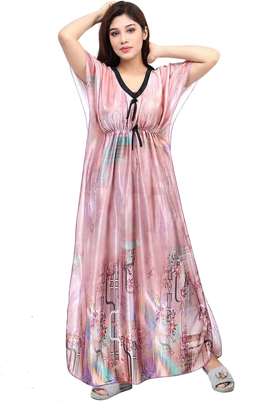 G4Girl Women's Silk Geometric Print Maxi Nightgown