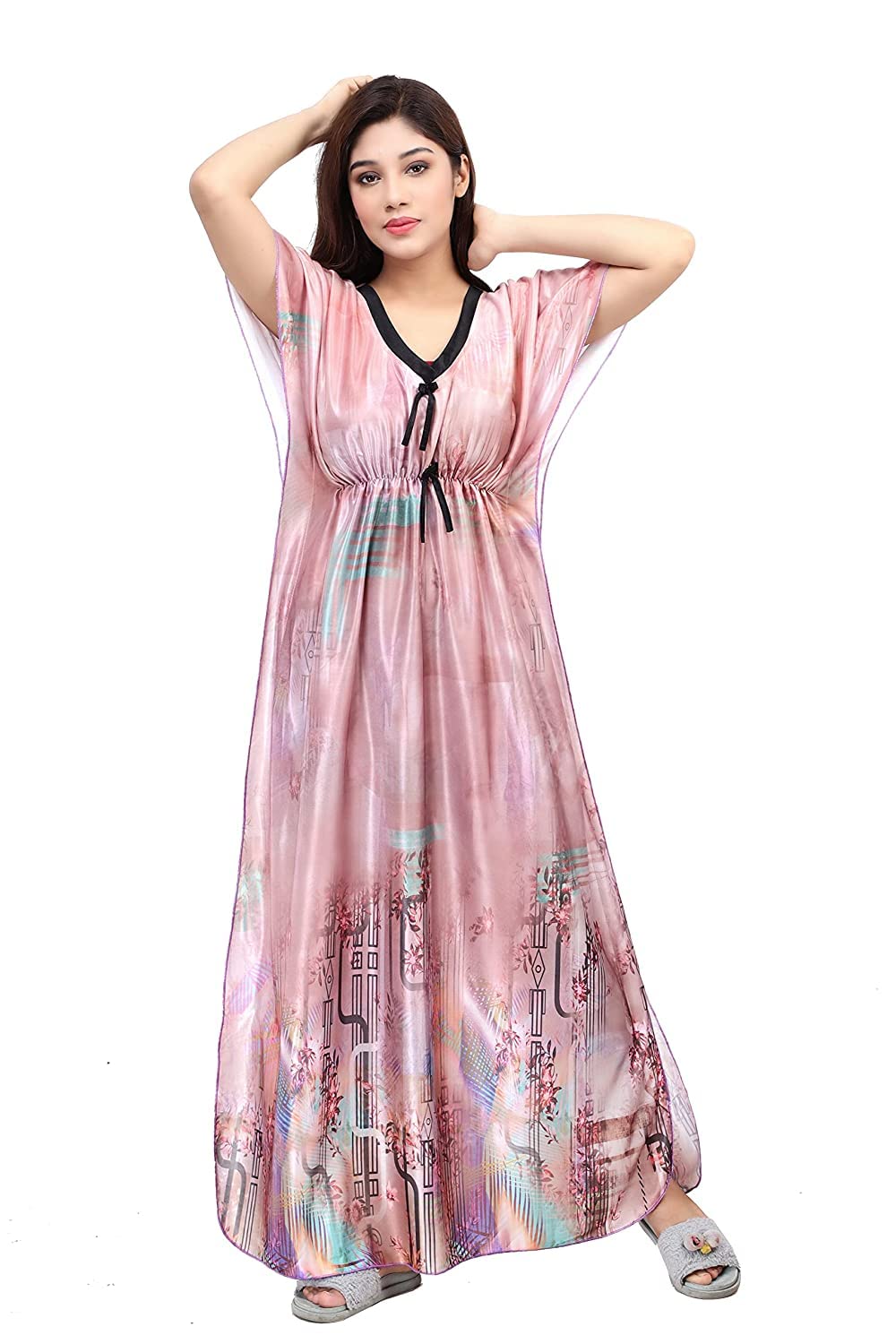 G4Girl Women's Silk Geometric Print Maxi Nightgown