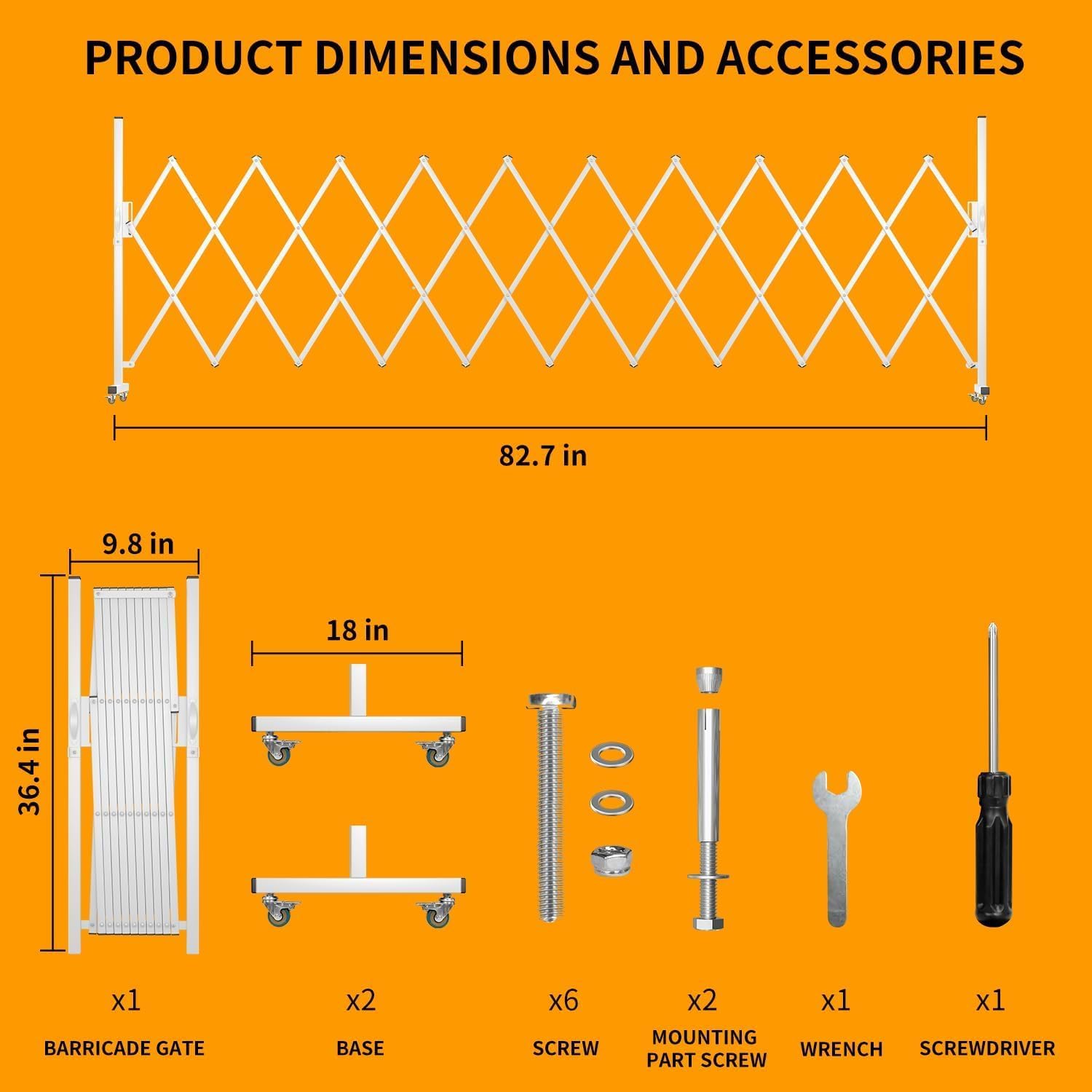expandable barricade gate,82" metal safety barrier gate with casters,accordion garden yard outdoor indoor fence folding security dog gates wall mount,white w-s