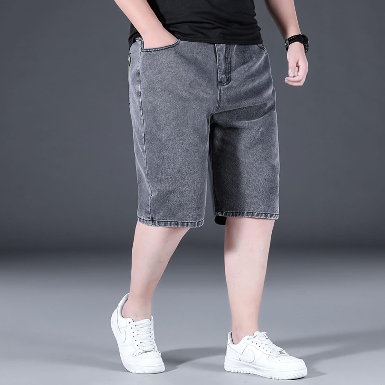 Jorts for Men Baggy Elastic Waist Pull On Denim Shorts Plus Size Straight Loose Jean Shorts Teen Boys Denim Jorts
