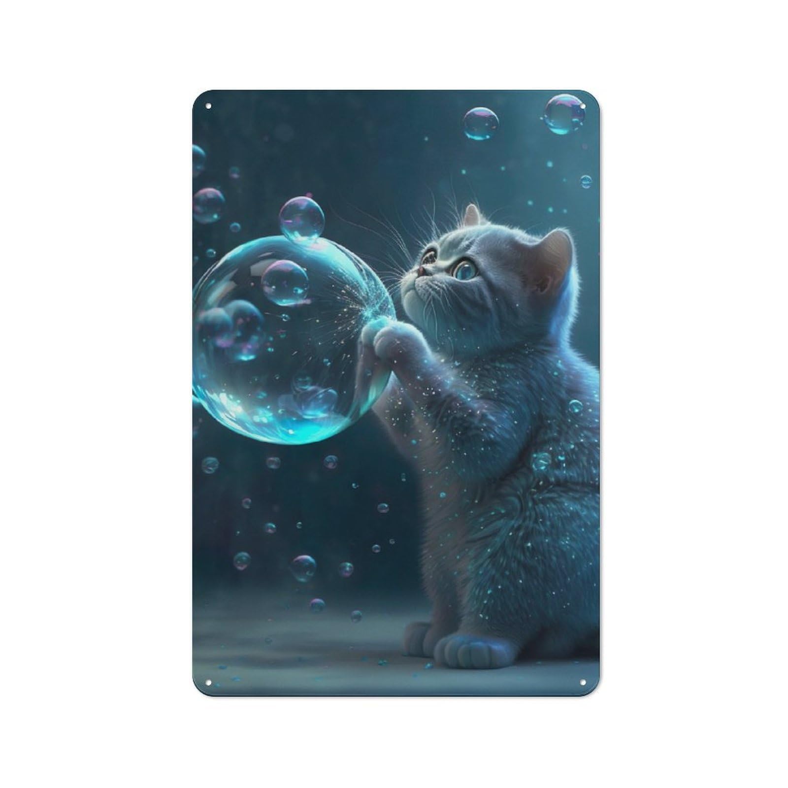 Junmoney Blue Cat With Bubbles Metal Wall Sign 30X20cm, Rustic Decor For Hallway Wall, For Metal Sign Collectors, For Garage And Workshop Walls