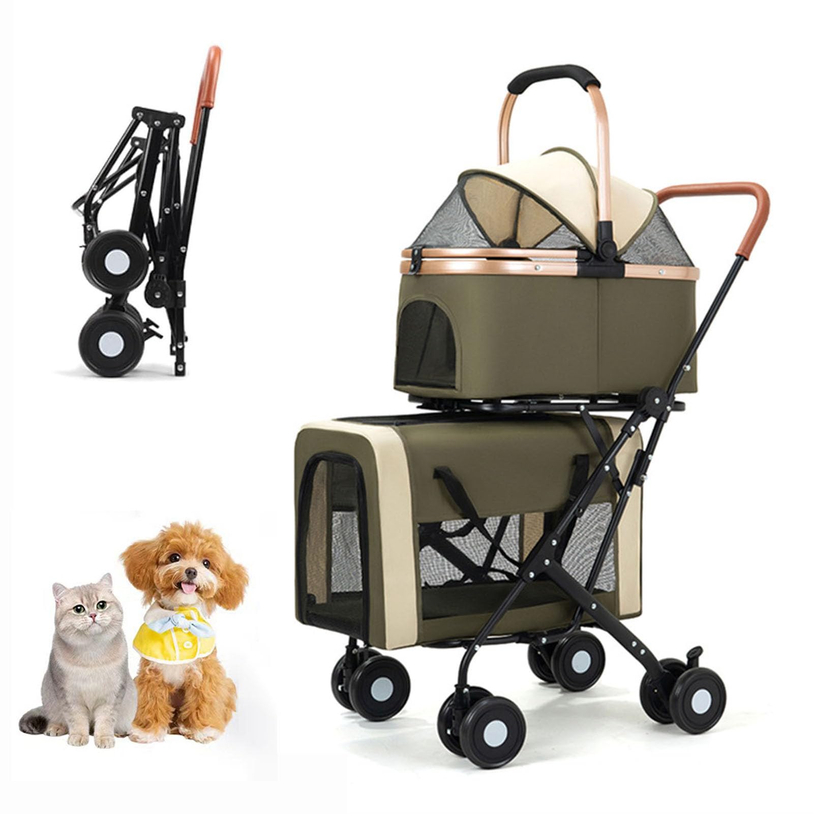 Dog Stroller 2-Layers, Foldable Pet Buggy for Small Medium Dogs 10kg, Cats Dogs Pushchair with Safety Belt Breathable Mesh 4 Wheels, Pet Pram Travel Strollers for Cats Puppies (Green, C7)