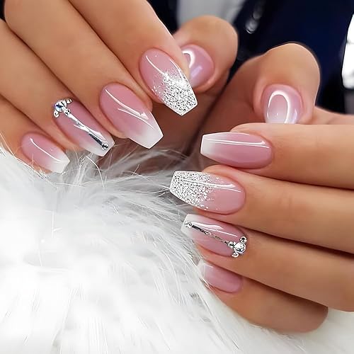 Uñas postizas a presión, tamaño mediano, color rosa y blanco, degradado con diamantes de imitación, uñas postizas reutilizables de gel de ajuste
