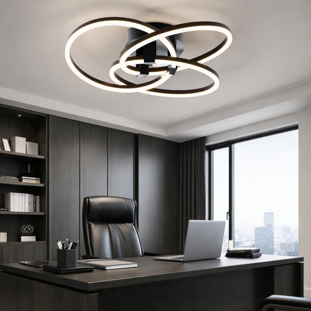 Maxax 3 Ring LED Ceiling Light Fixture, 23"W * 7.5"H, Circle Modern Semi Flush Mount Chandelier, AL Alloy Frame, 45W Dimmable, ETL, for Bedrooms, Living room, Kitchen, Entryway, Hallway, Matte Black