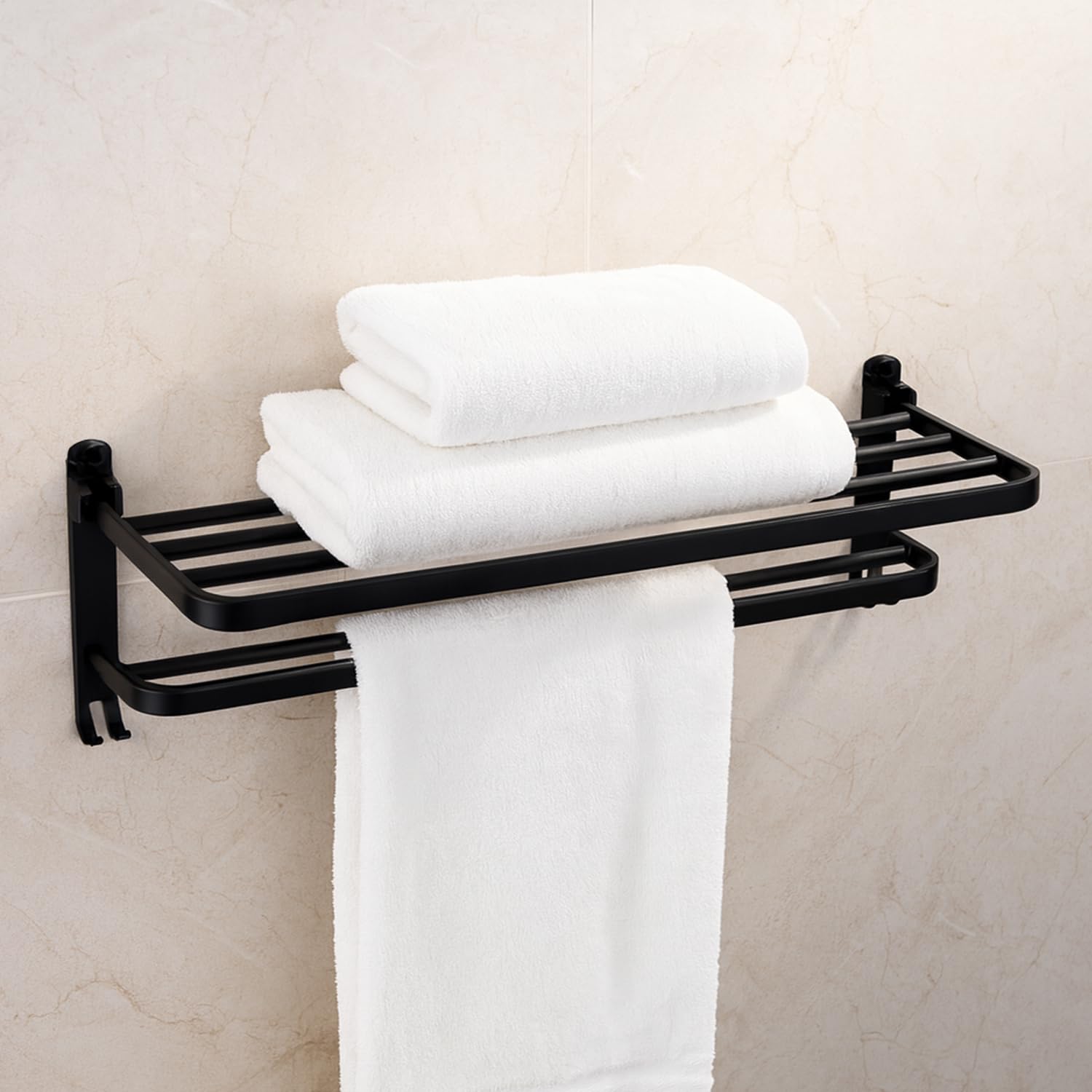 Amazon Basics Aluminium Folding Towel Rack | Fixed Towel Rod & Hooks | Wall Mount | Rust-Free Powder Coated | Black | 59.4L x 21.8W x 17.4H cm-image-4