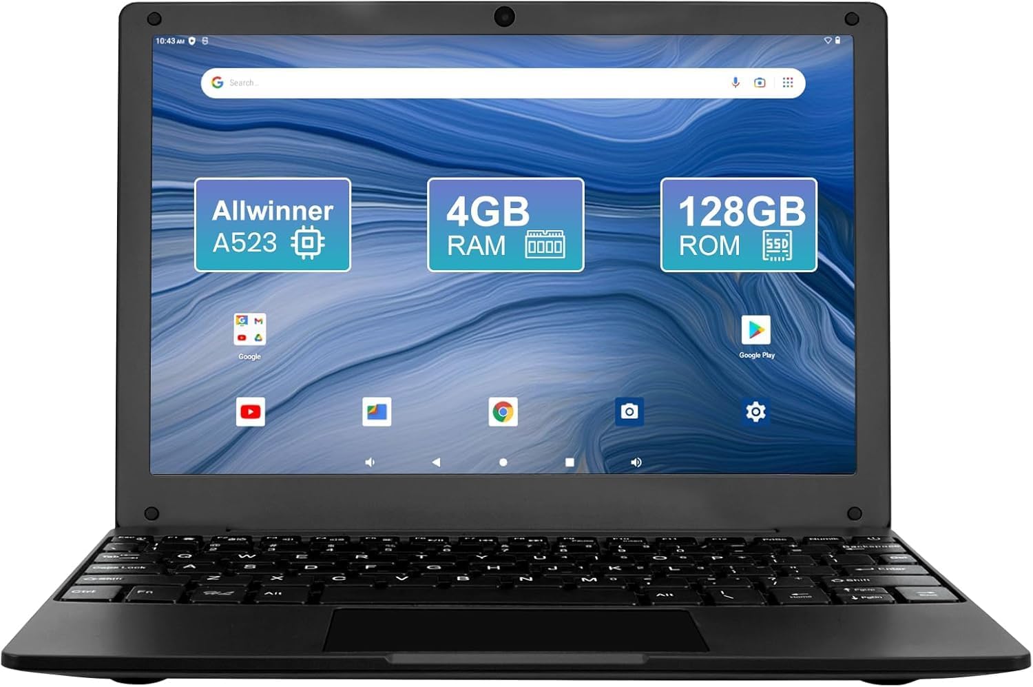 Mini Laptop 10.1 inch Android 14, 4GB RAM, 128GB EMMC, Small Computer HD IPS Display, 1280x800 Pixel, Portable Netbook with Allwinner A523 CPU Black