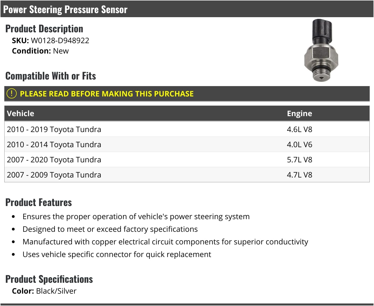 Marketplace Auto Parts Power Steering Pressure Sensor - Compatible with 2007-2020 Toyota Tundra (W0128-D948922)