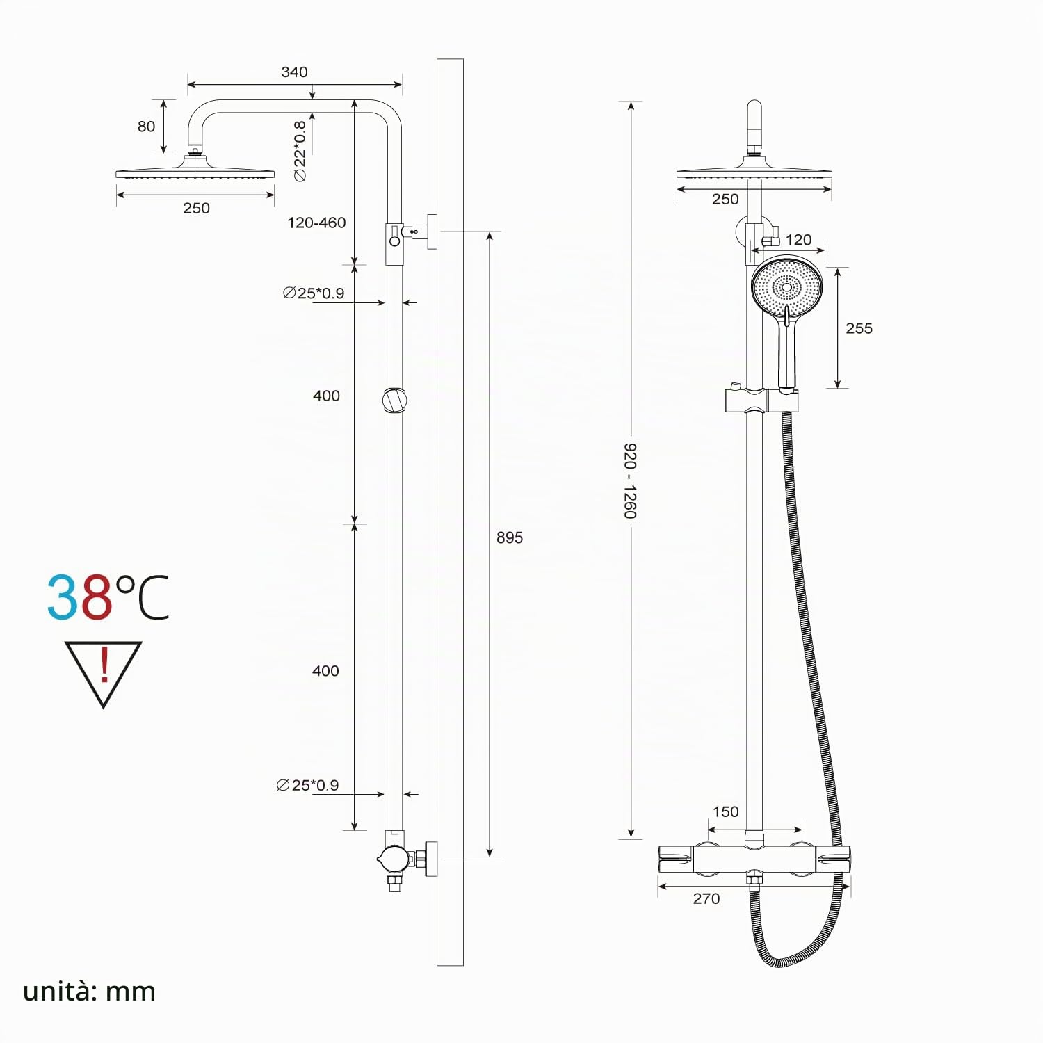 Rainsworth Colonna Doccia con Miscelatore Termostatico, 25cm rotondo soffione doccia, doccia a mano 3 Funzione Doccetta, 92-126 cm Altezza Regolabile Grifo Ducha, Cromo | Set completo per doccia con doccetta a 3 getti, asta doccia regolabile in altezza 92