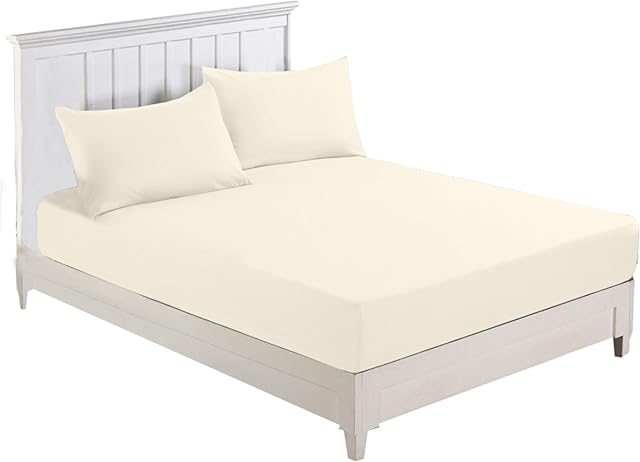 R&Z Plain Luxury Polycotton Fitted Sheet Single, Double, King, Super King, 4FT (Cream, Small Double 4ft)