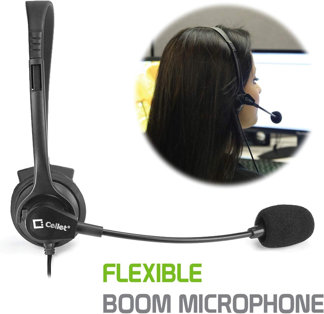 Cellet Premium Mono 3.5mm Hands-Free Headset with Boom Microphone- 5ft Long Wire with Universal Compatible for Apple iPhone, Samsung, LG Motorola with 3.5mm Audio Headphone Jack Input