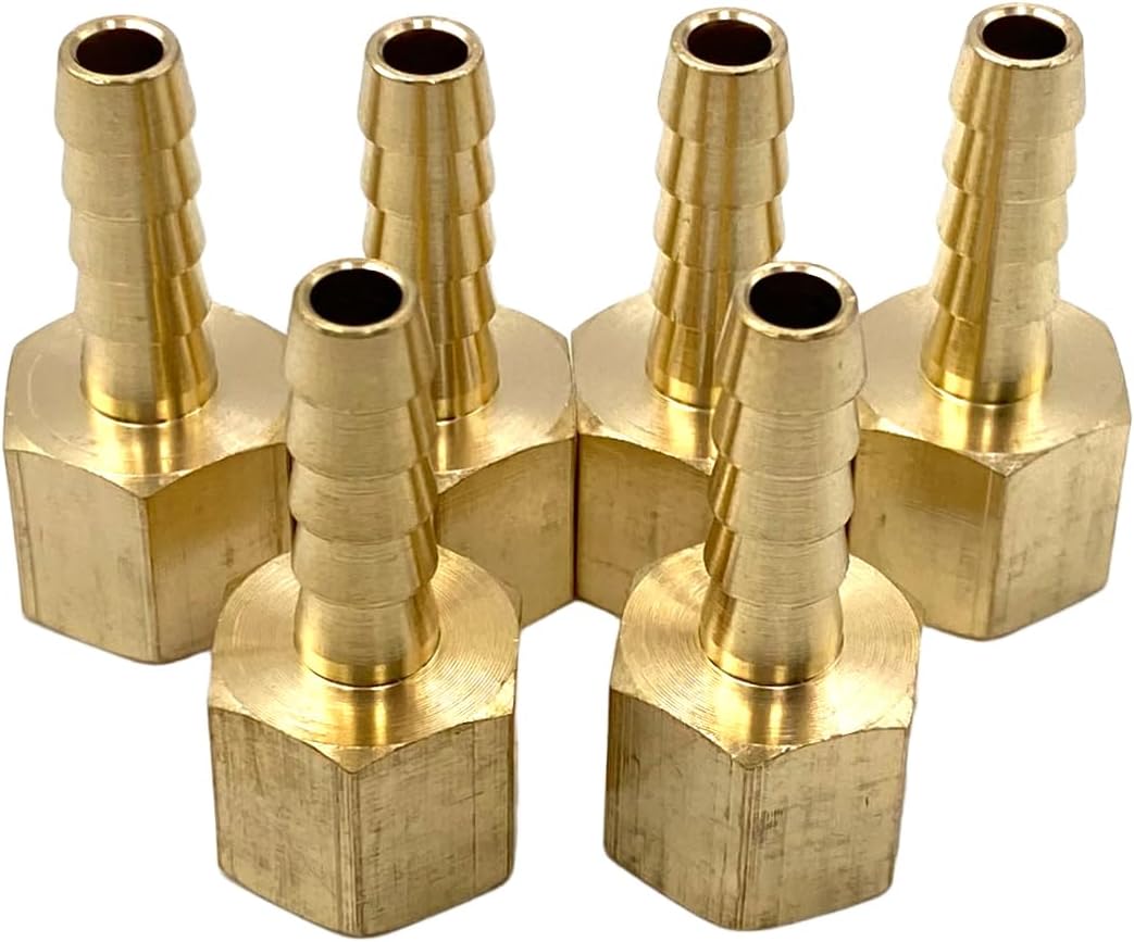 6 Pcs Brass 1/4" NPT Female to 1/4" Barb Air Hose Fittings, 1/4" FNPT to Barb Fitting Adapter Connectors for Compressor, Fuel, Oil, Gas