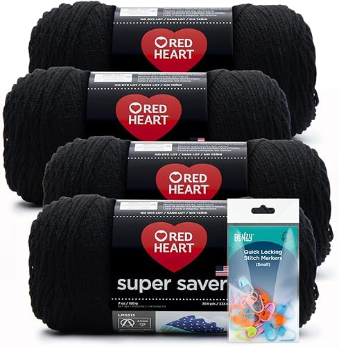 Paquete de 4 hilos Black - Red Heart Super Saver (7 onzas cada uno) con marcadores de puntada Benzy (20 unidades) para tejer, ganchillo, proyectos