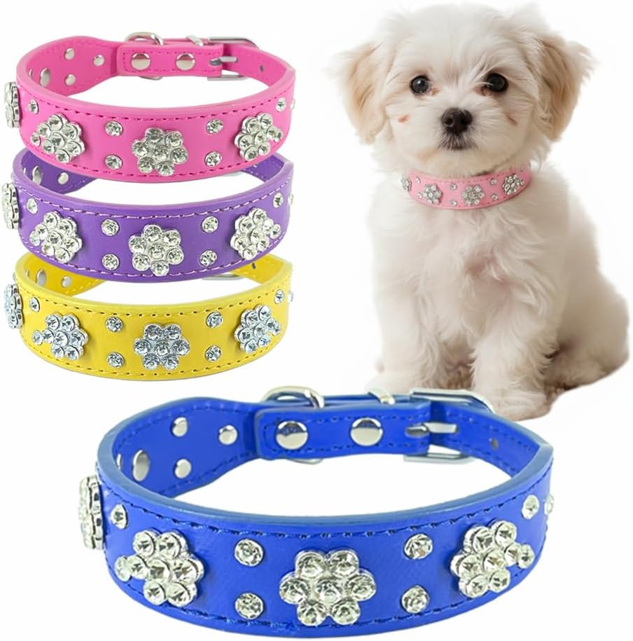 Rhinestone Flower Dog Collar for Small Dogs, Cats & Kitten, Sparkling Bling Crystal Diamond PU Leather Dog Collars, Cute Fancy Jeweled Puppy Girl, XS S M (Dark Blue XS)