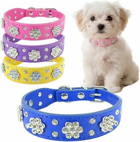 Rhinestone Flower Dog Collar for Small Dogs, Cats & Kitten, Sparkling Bling Crys