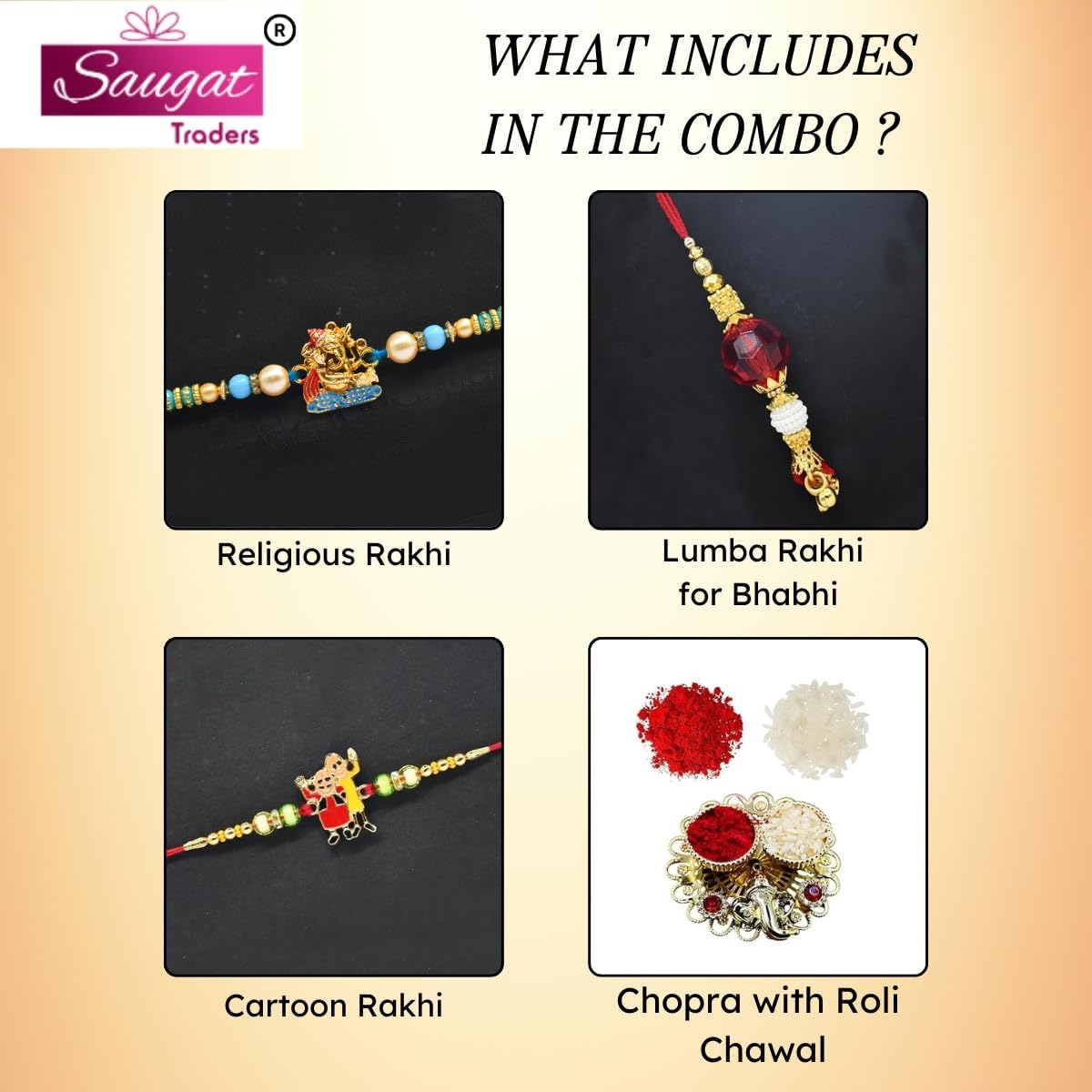 Saugat Traders Designer Family Rakhi Combo Set of 3 for Brother Bhaiya and Brother Kids Handmade Traditional Rakhi with Roli Chawal and Chopra Jaipuri Stone Rakhee - Image 2 thumbnail