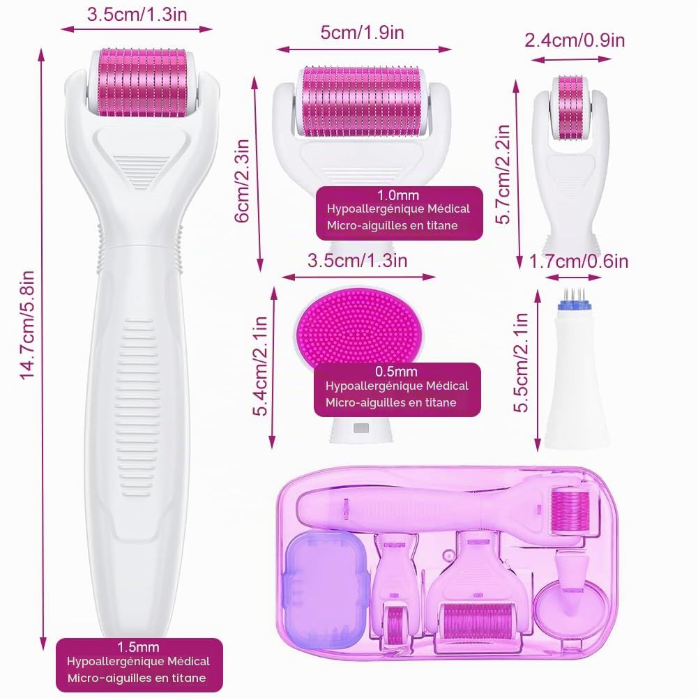 Derma Roller, 6 En 1 Derma Roller 0.5/1/1.5/2mm, Micro Aiguilles Rouleau, Dermaroller Appareil Anti-rides Anti-âge, Retrait de Cicatrice Acne Vergetures, pour Visage Corps Yeux
